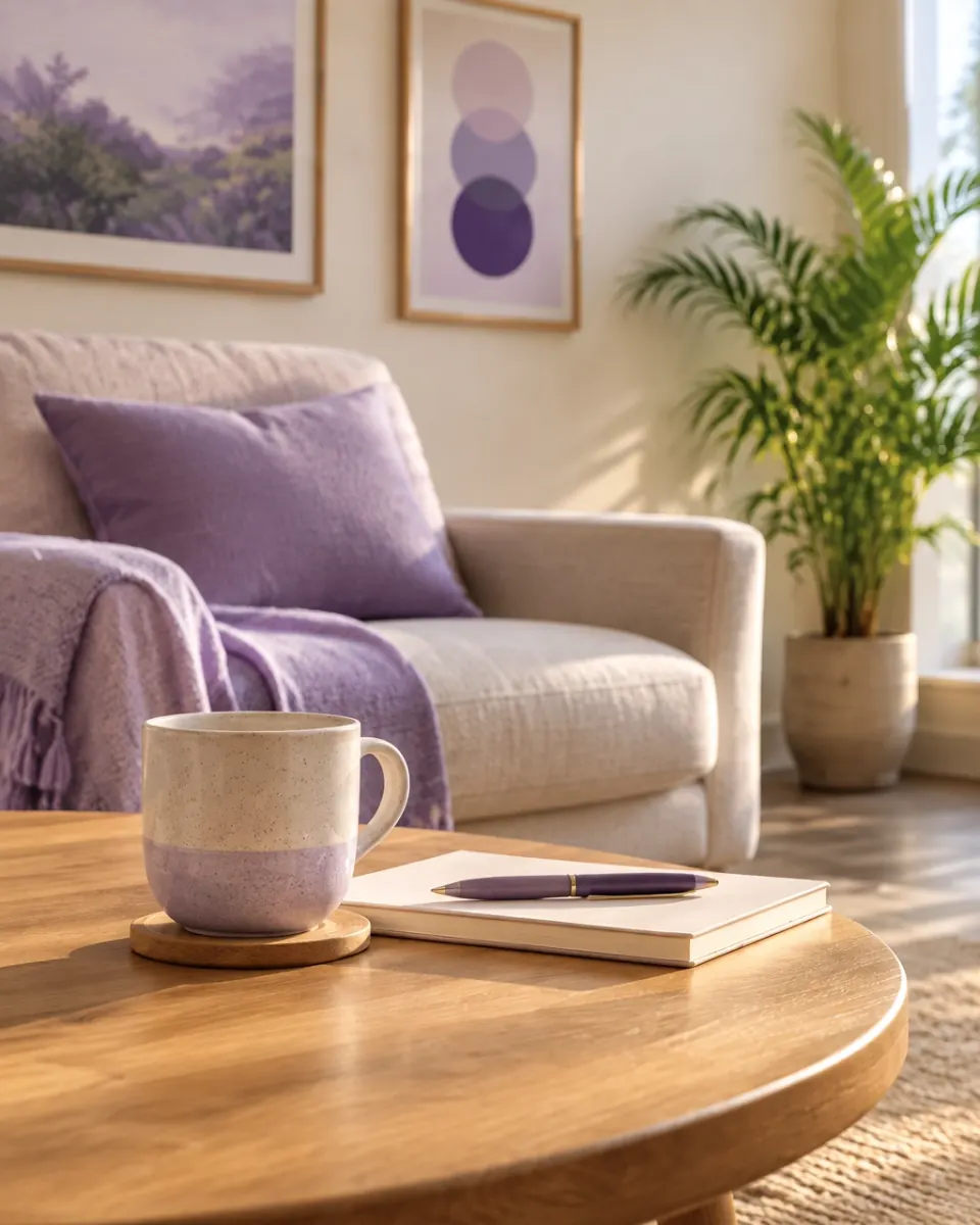 Sofá claro con manta lila, mesa redonda de madera, taza, libreta y planta