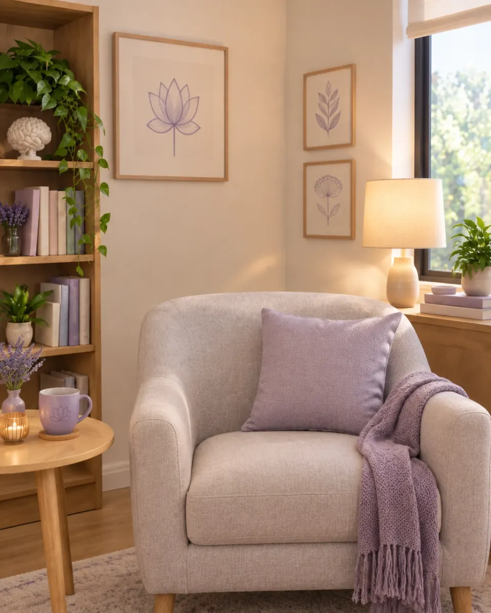 Consultorio cálido y vacío con sillón gris claro, detalles lilas, plantas y luz natural